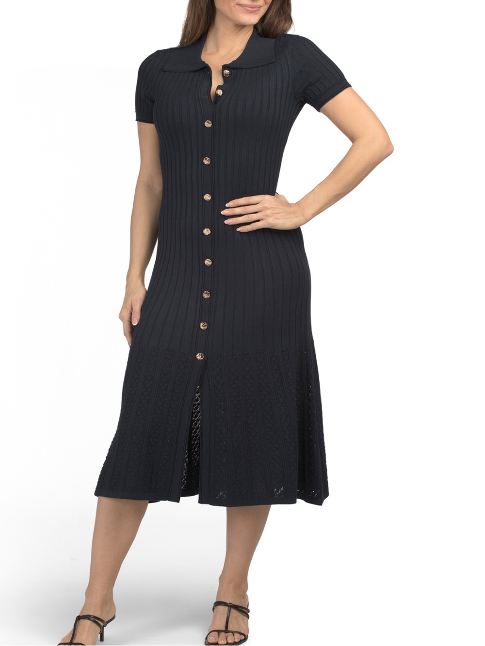 Elie Tahari Ribbed Button-Front Knit Midi Dress - Black